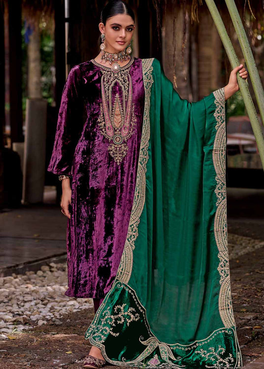 Kilory Unstitched Purple Velvet Winter Suits Dress Material for Women