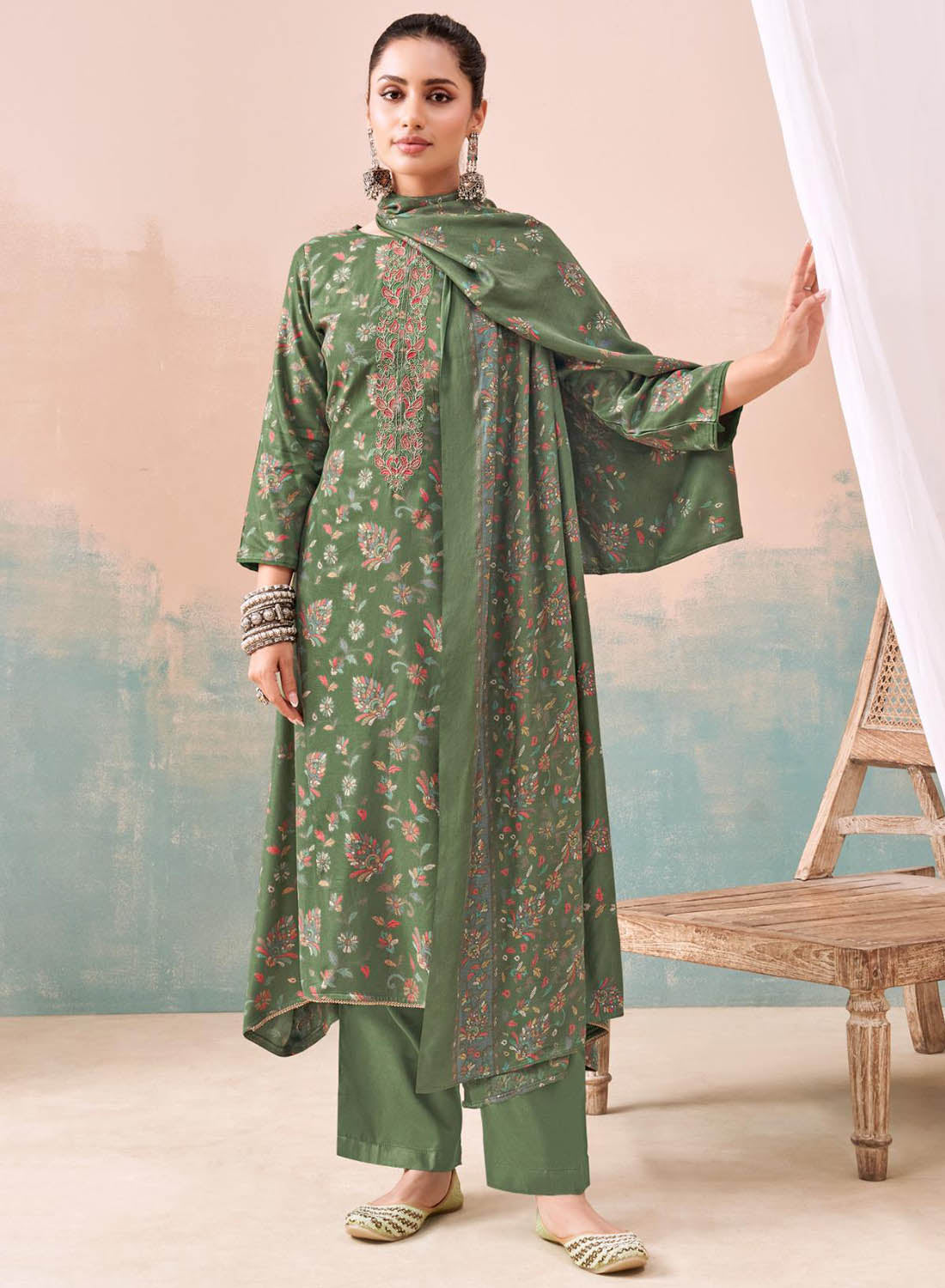 Green Pashmina Unstitched Winter Salwar Suit Material for Women