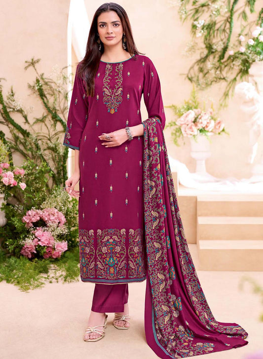 Pink Viscose Pashmina Unstitched Winter Salwar Suit Material for Women
