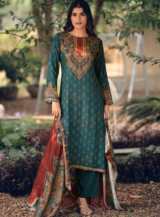 Teal Pashmina Unstitched Winter Salwar Suit Set Fabric Dress Material