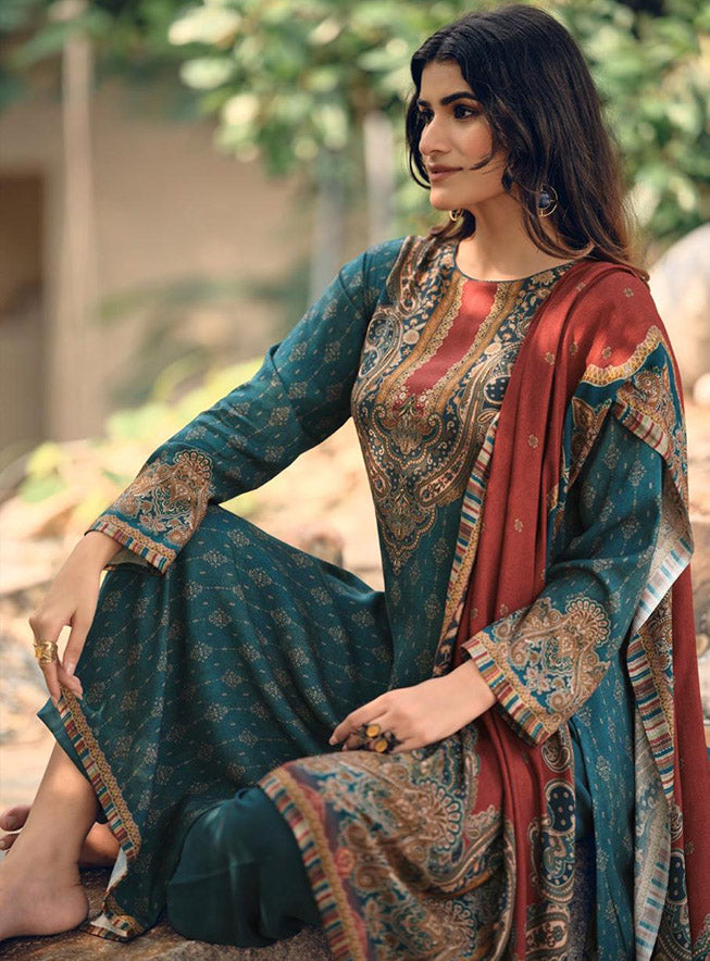 Teal Pashmina Unstitched Winter Salwar Suit Set Fabric Dress Material