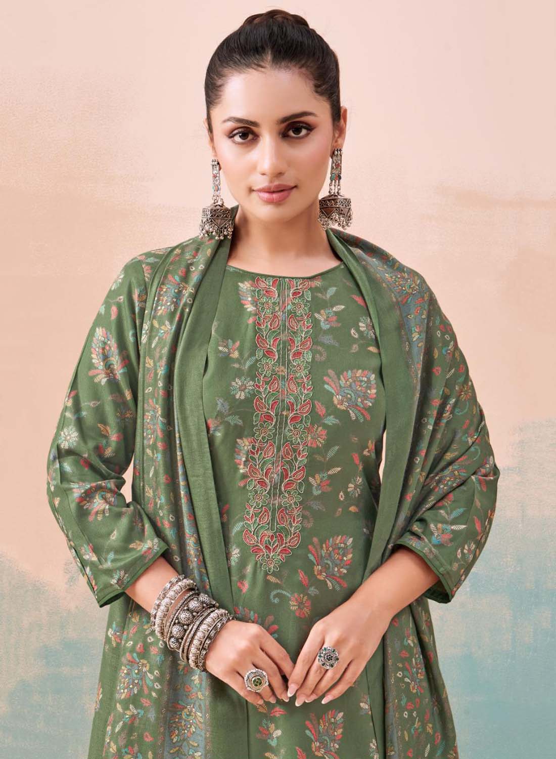 Green Pashmina Unstitched Winter Salwar Suit Material for Women