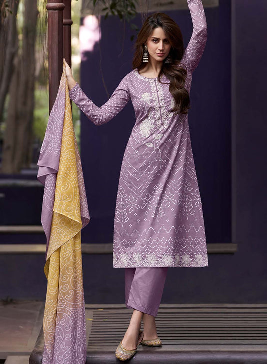 Mumtaz Arts Purple Lawn Cambric Cotton Unstitched Suit Material