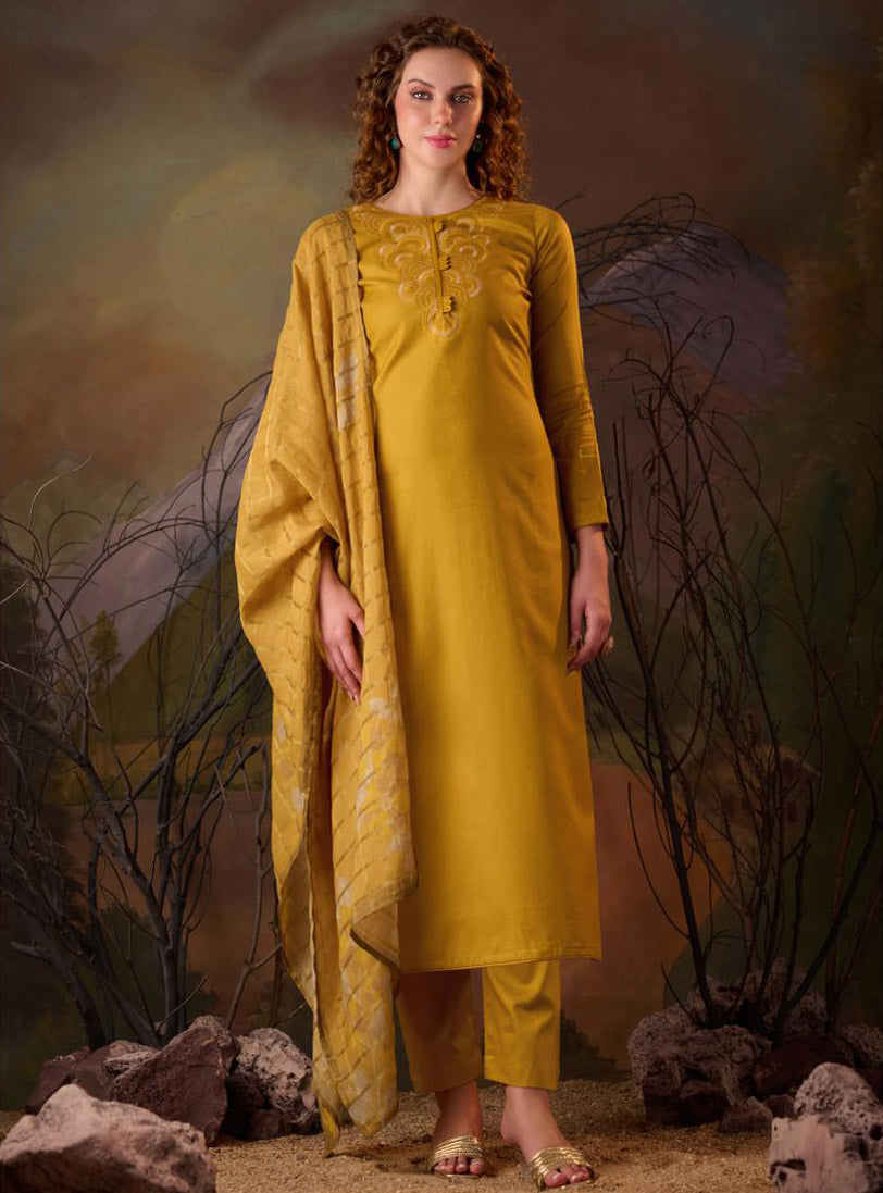 Mustard Party Wear Cotton Silk Unstitched Suit Material for Women