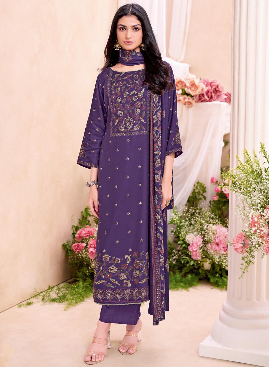 Violet Viscose Pashmina Unstitched Winter Salwar Suit Material for Women