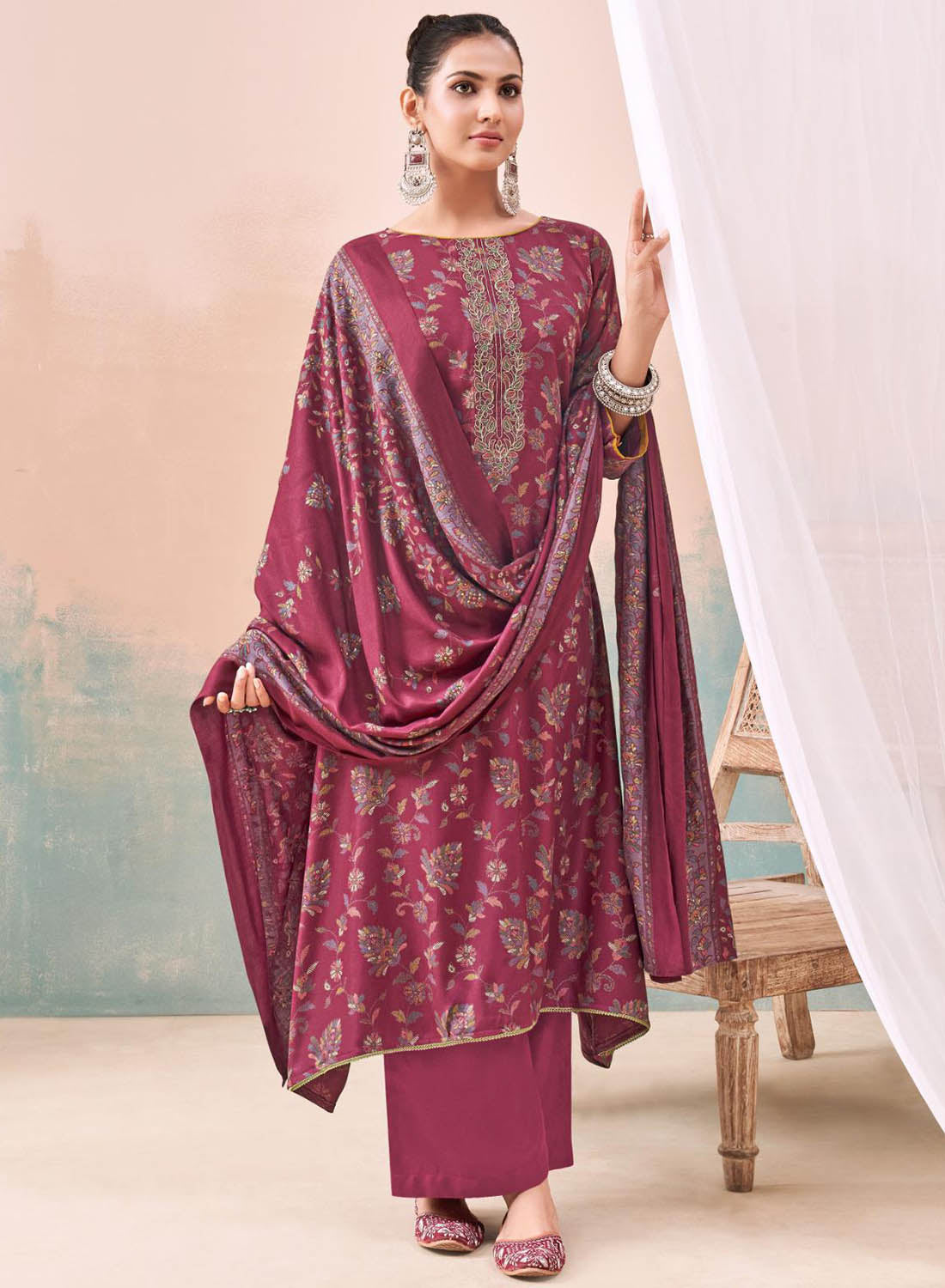 Viscose Pashmina Unstitched Winter Salwar Suit Dress Material for Women