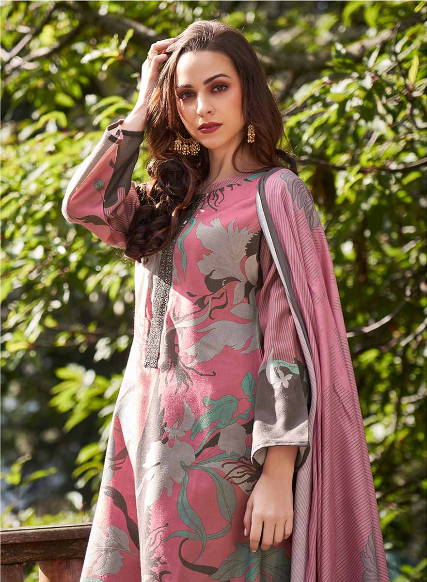 Pashmina Unstitched Pink Winter Suits Dress Material for Women PRM Trendz