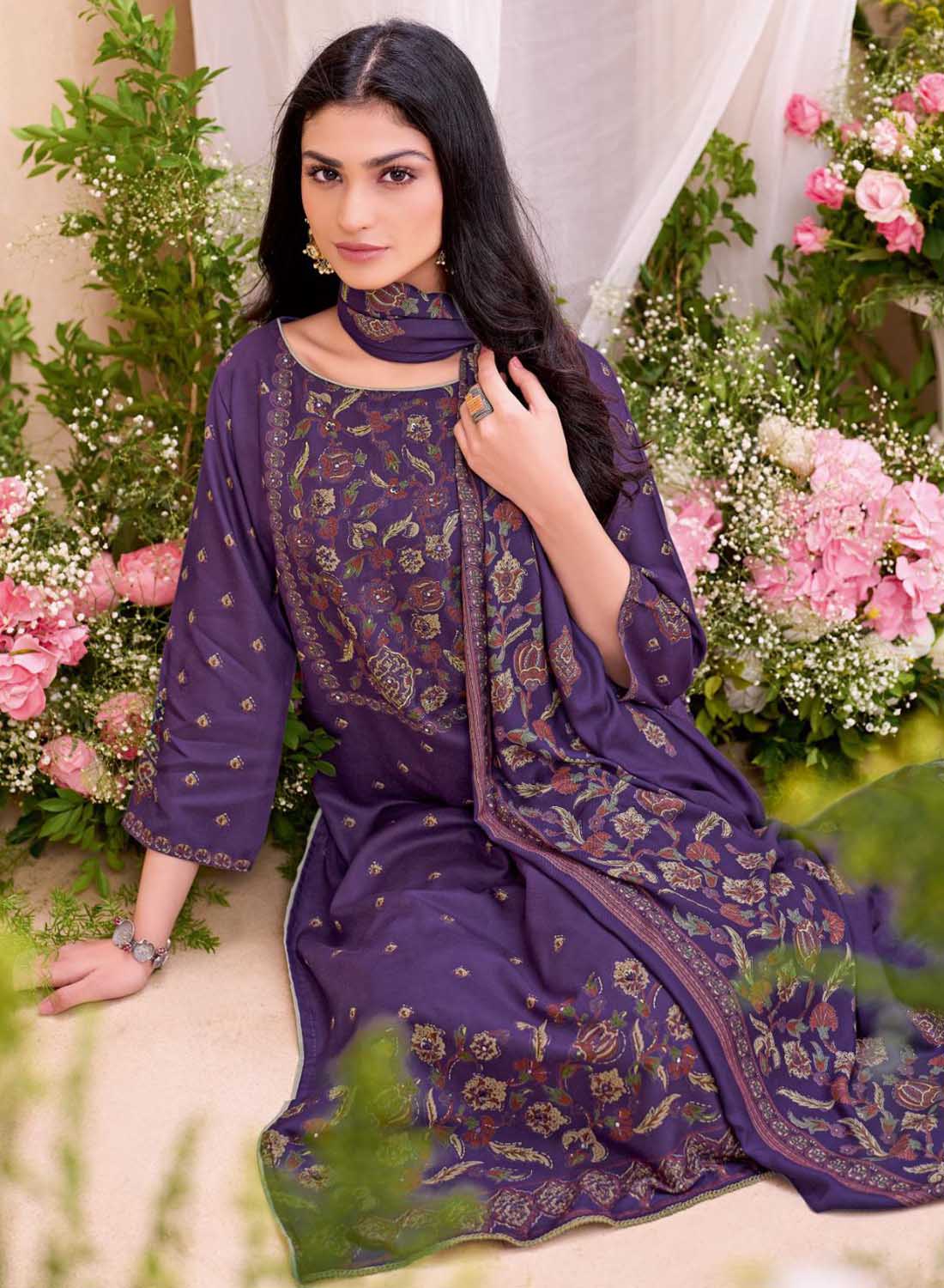 Violet Viscose Pashmina Unstitched Winter Salwar Suit Material for Women