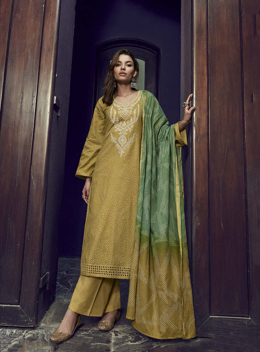 Mumtaz Arts Lawn Cambric Cotton Unstitched Women Suit Set Yellow