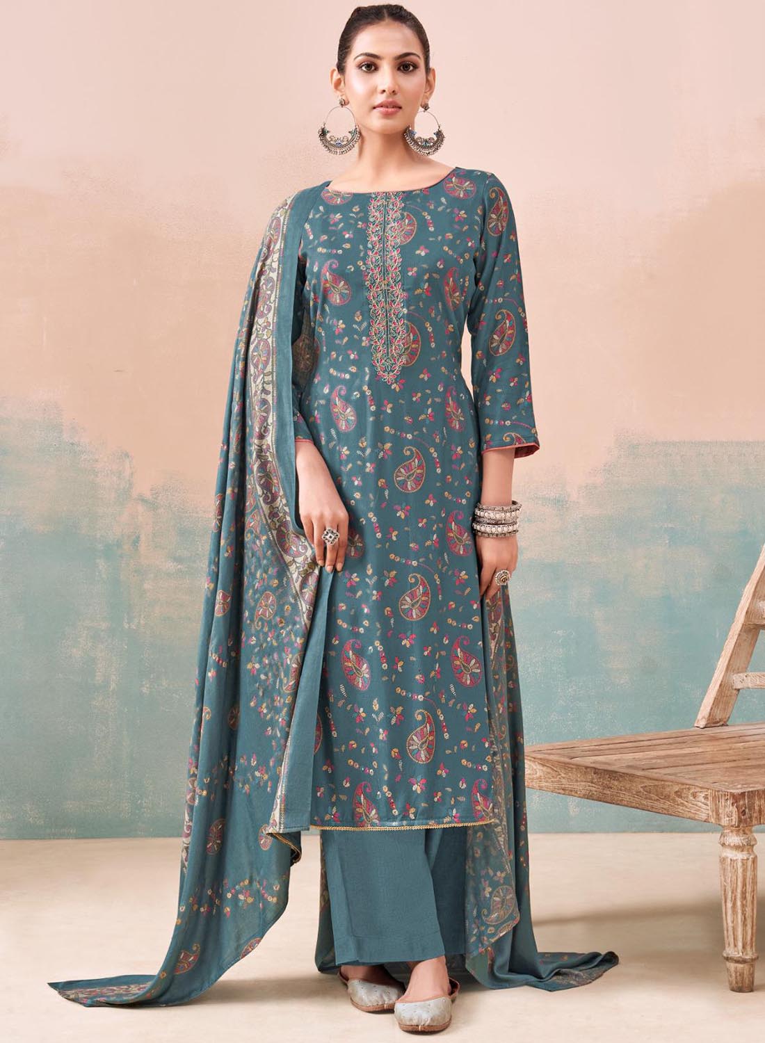 Teal Viscose Pashmina Unstitched Winter Salwar Suit Material for Women