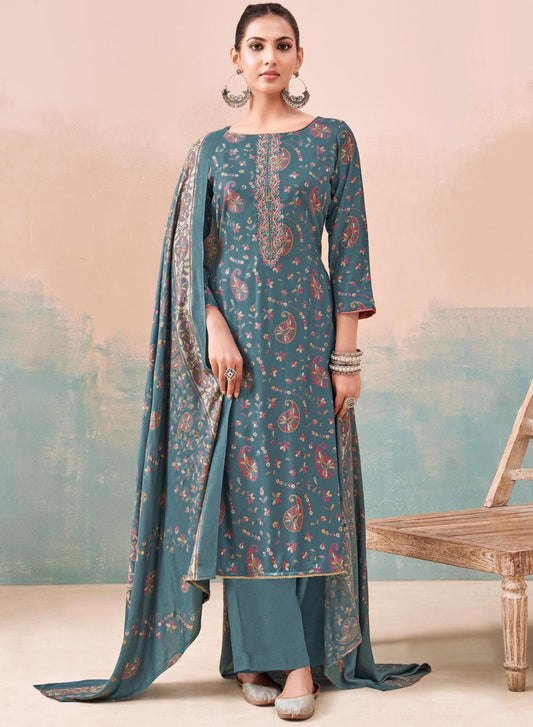 Teal Viscose Pashmina Unstitched Winter Salwar Suit Material for Women