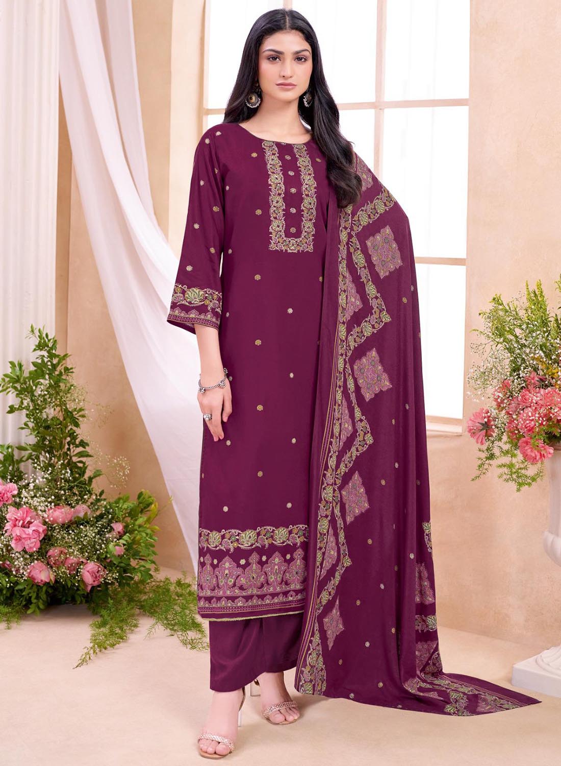 Purple Viscose Pashmina Unstitched Winter Salwar Suit Material for Women