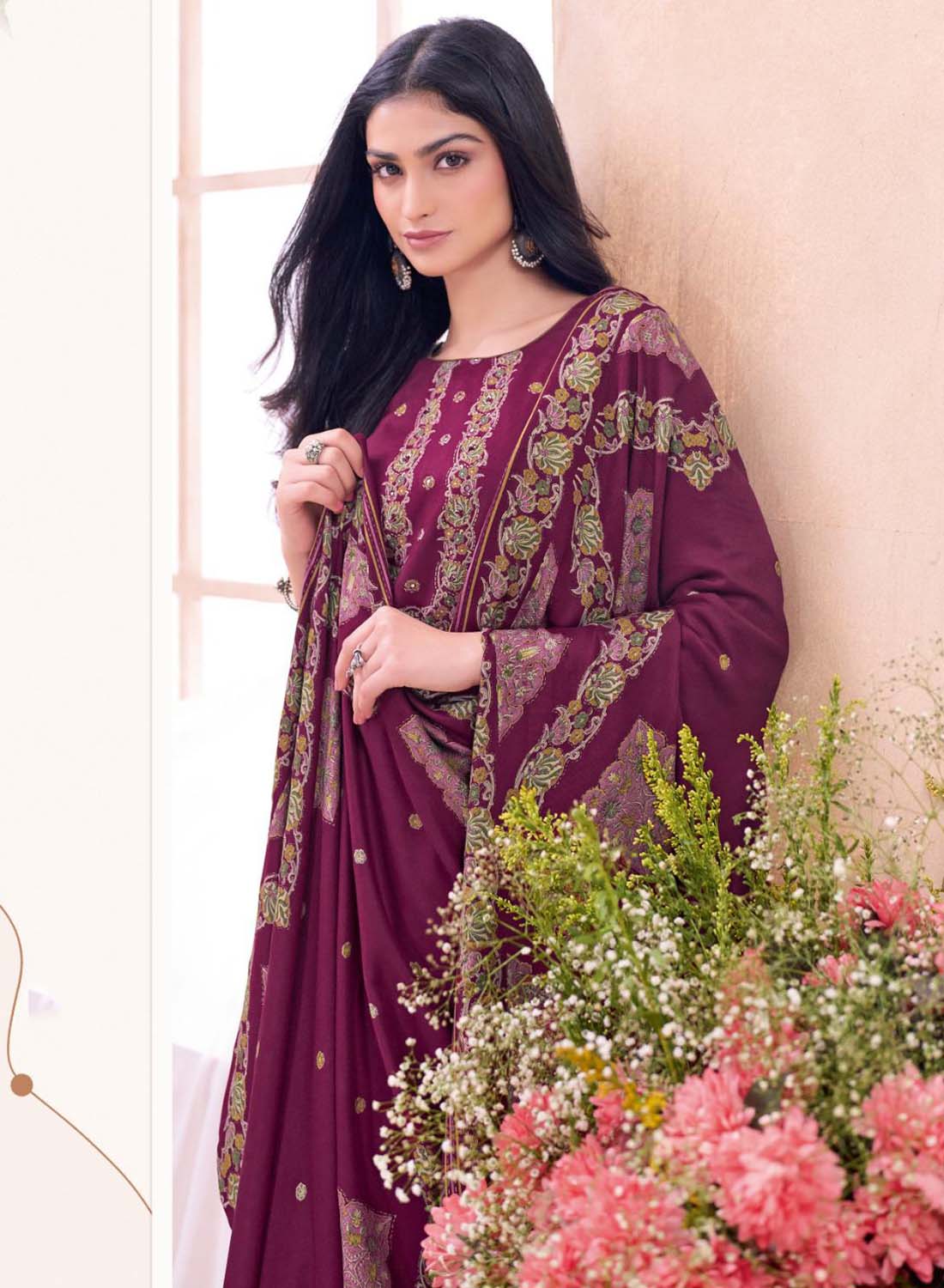 Purple Viscose Pashmina Unstitched Winter Salwar Suit Material for Women