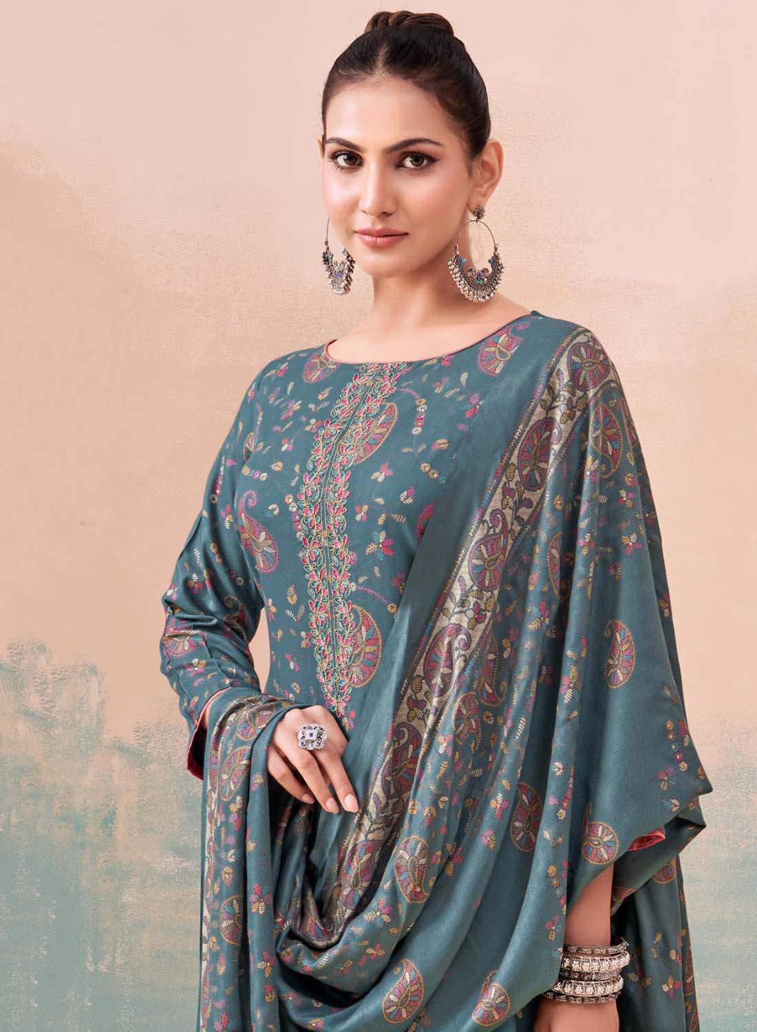 Teal Viscose Pashmina Unstitched Winter Salwar Suit Material for Women