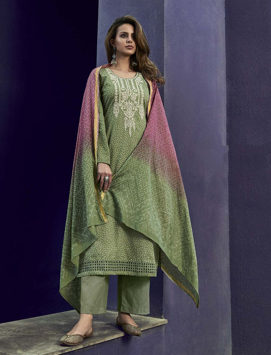 Mumtaz Arts Lawn Cambric Cotton Unstitched Women Suit Set Green