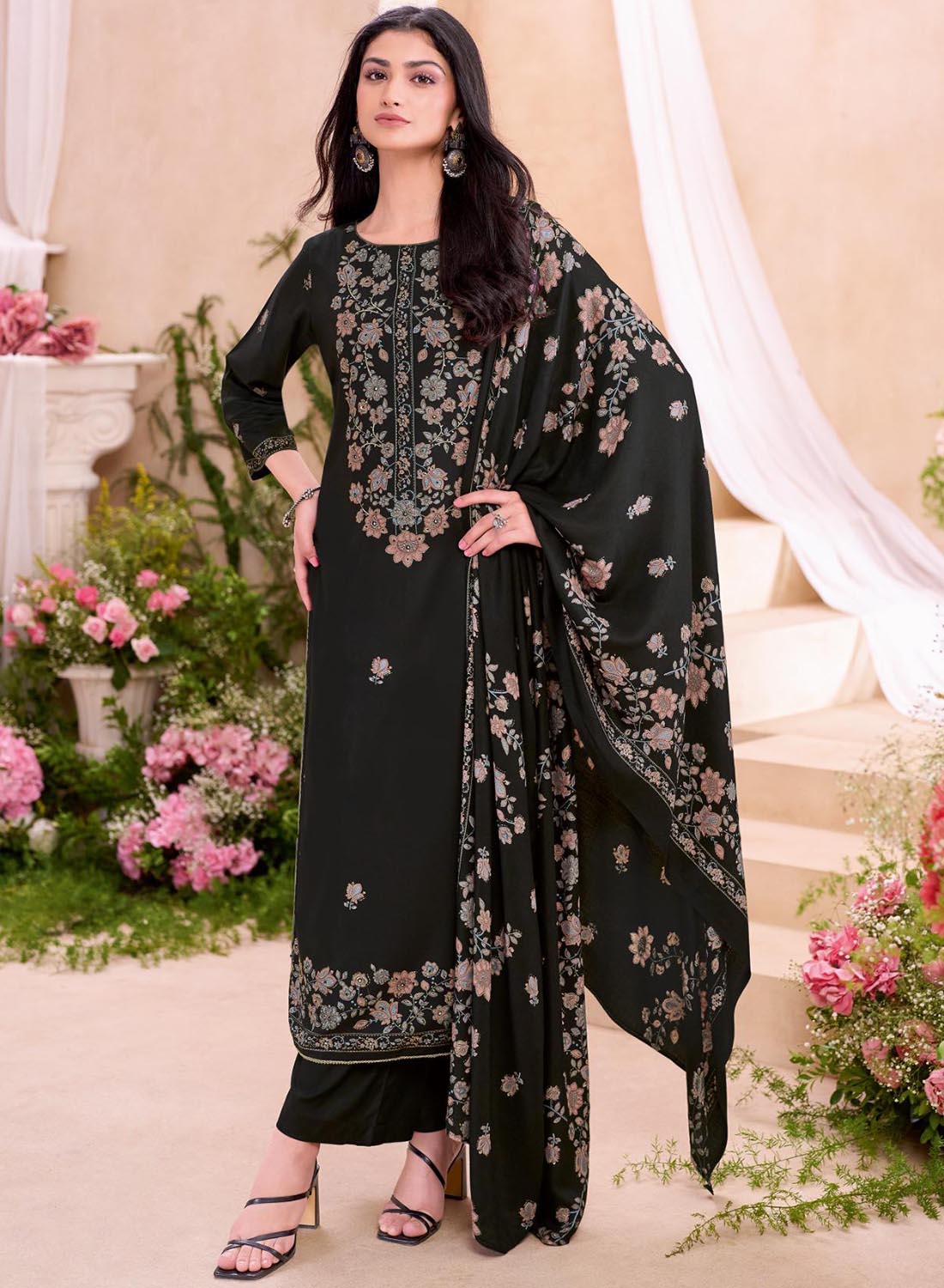 Black Viscose Pashmina Unstitched Winter Salwar Suit Material for Women