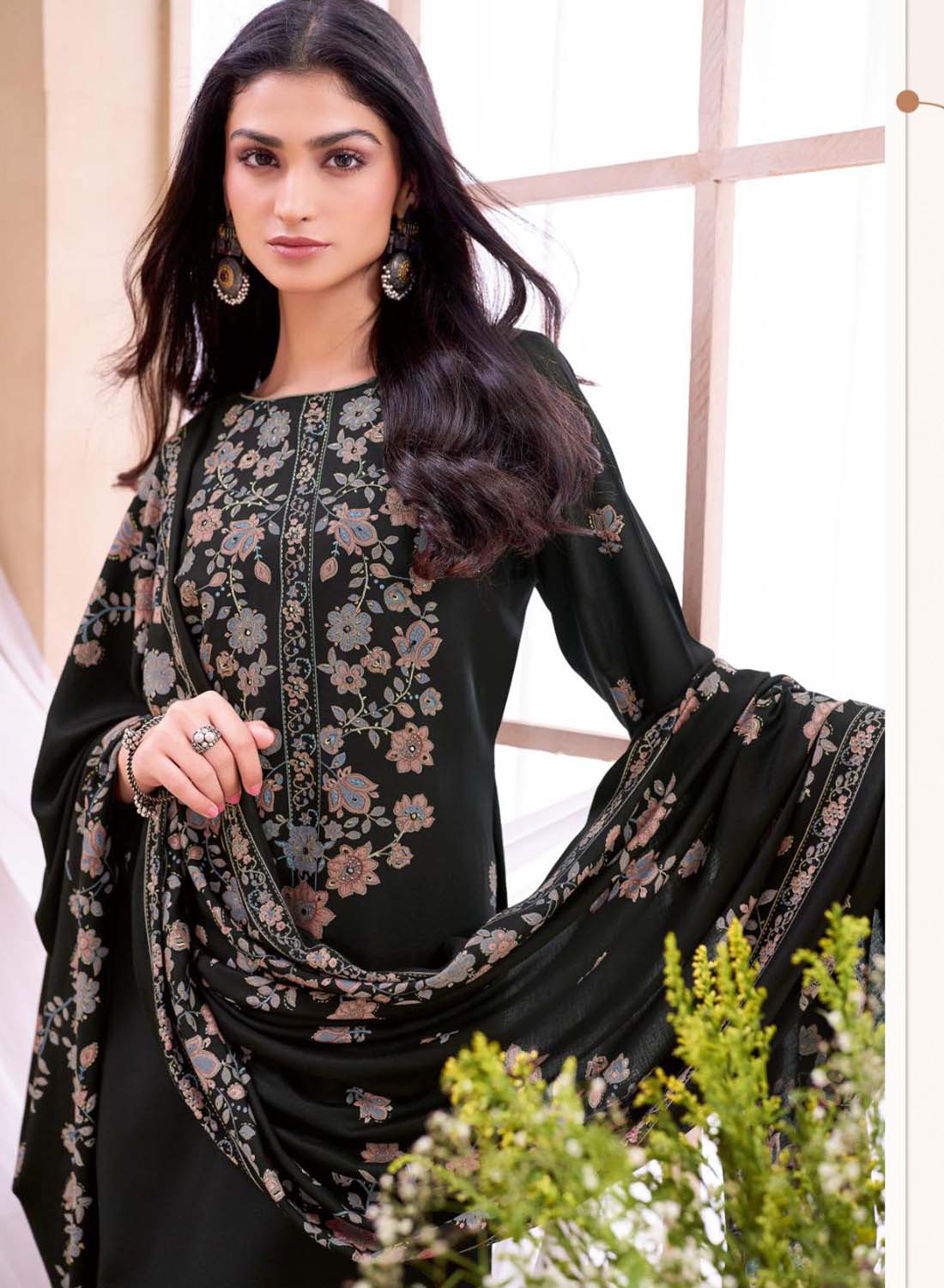 Black Viscose Pashmina Unstitched Winter Salwar Suit Material for Women