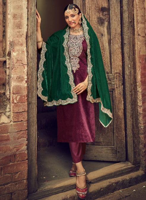 Party Wear Unstitched Purple Winter Velvet Suit Dress Material for Women