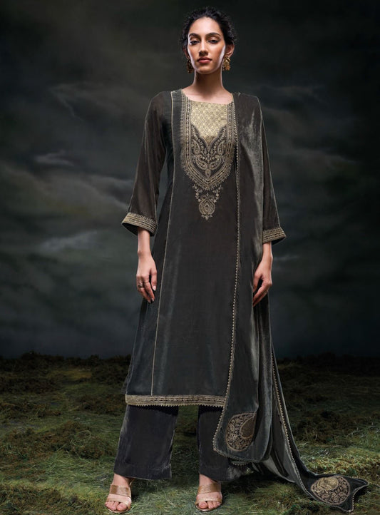 Ganga Party Wear Grey Unstitched Velvet Suit Material with Embroidery