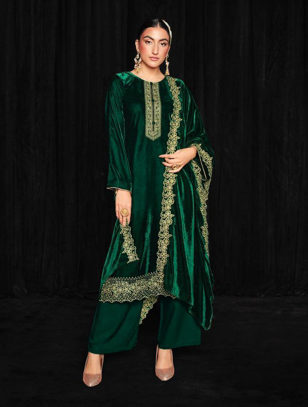 Mumtaz Arts Unstitched Green Winter Velvet Suit Material for Ladies