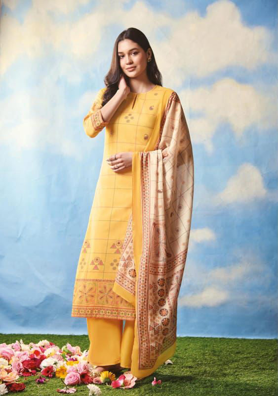 Saadgi Cambric Cotton Women Unstitched Yellow Suit Set Saadgi