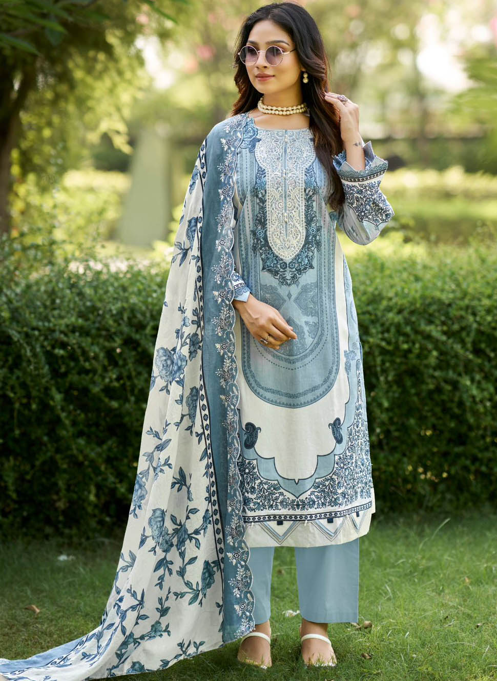 Pakistani Print Pure Cotton Unstitched Suit Material with Neck Embroidery