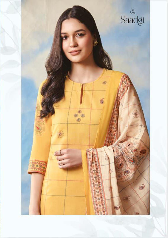 Saadgi Cambric Cotton Women Unstitched Yellow Suit Set Saadgi