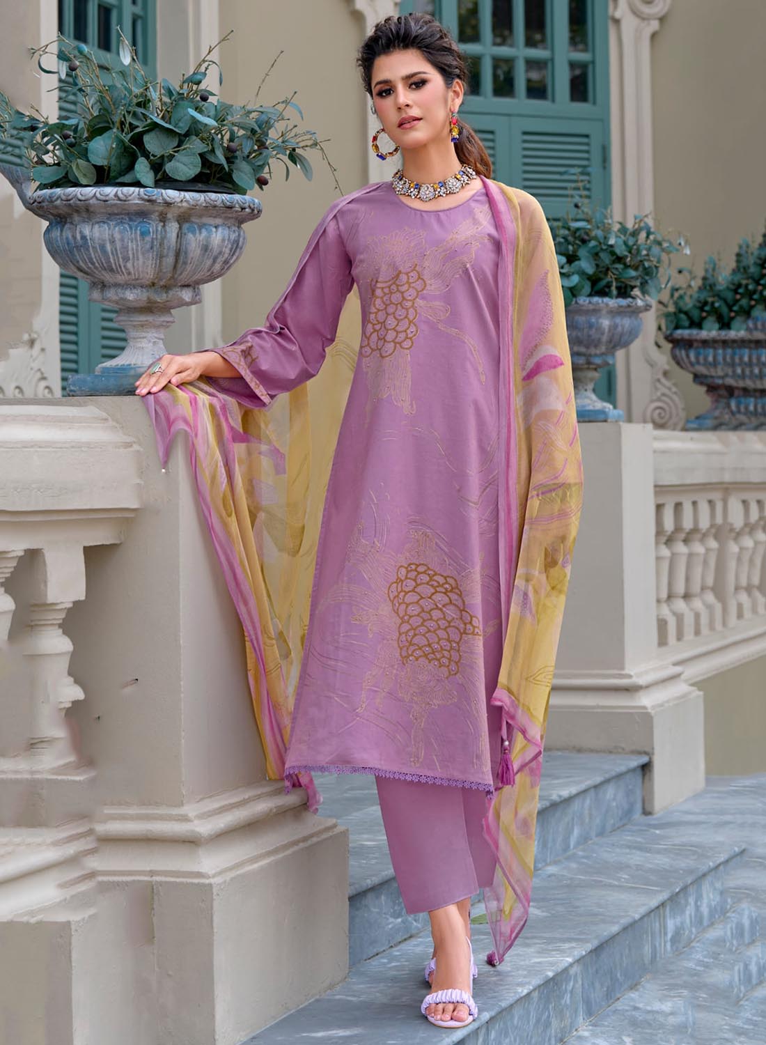 Pure Lawn Cotton Unstitched Salwar Suit Material with Chiffon Dupatta