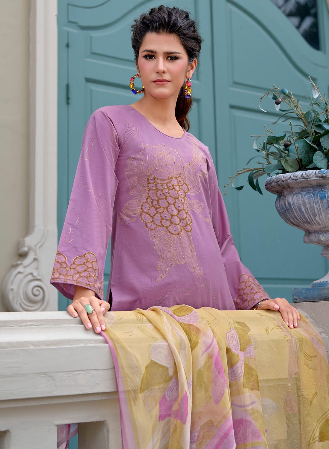 Pure Lawn Cotton Unstitched Salwar Suit Material with Chiffon Dupatta