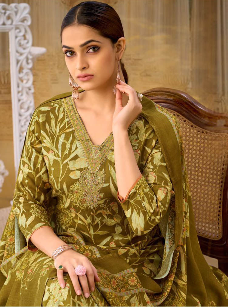 Green Unstitched Pashmina Winter Suit Dress Material Printed with Embroidery