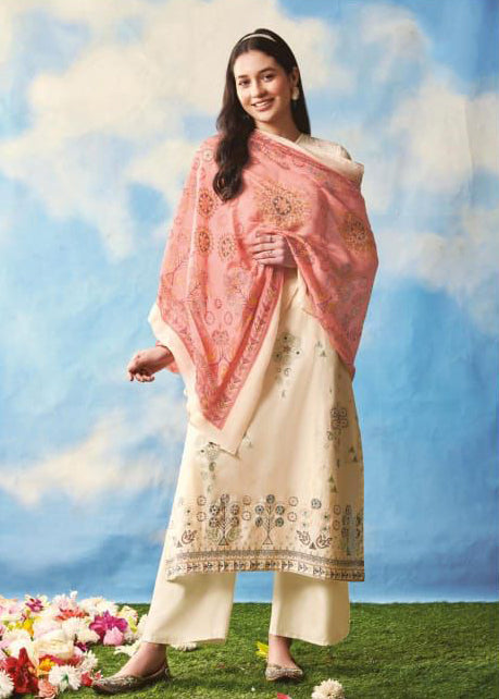 Saadgi Cambric Cotton Women Unstitched Cream Suit Set Saadgi