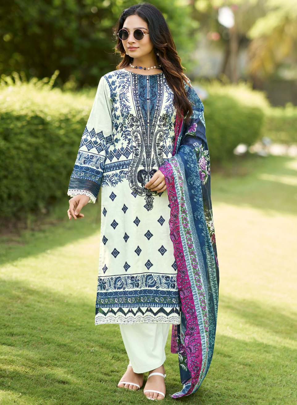 Pakistani Print Pure Cotton Unstitched Suit Material with Embroidery Patch