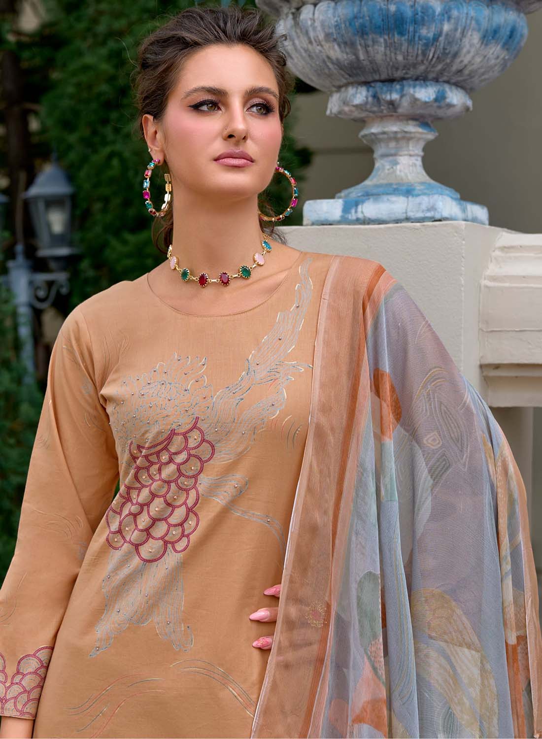 Pure Lawn Cotton Brown Unstitched Salwar Suit Material with Chiffon Dupatta
