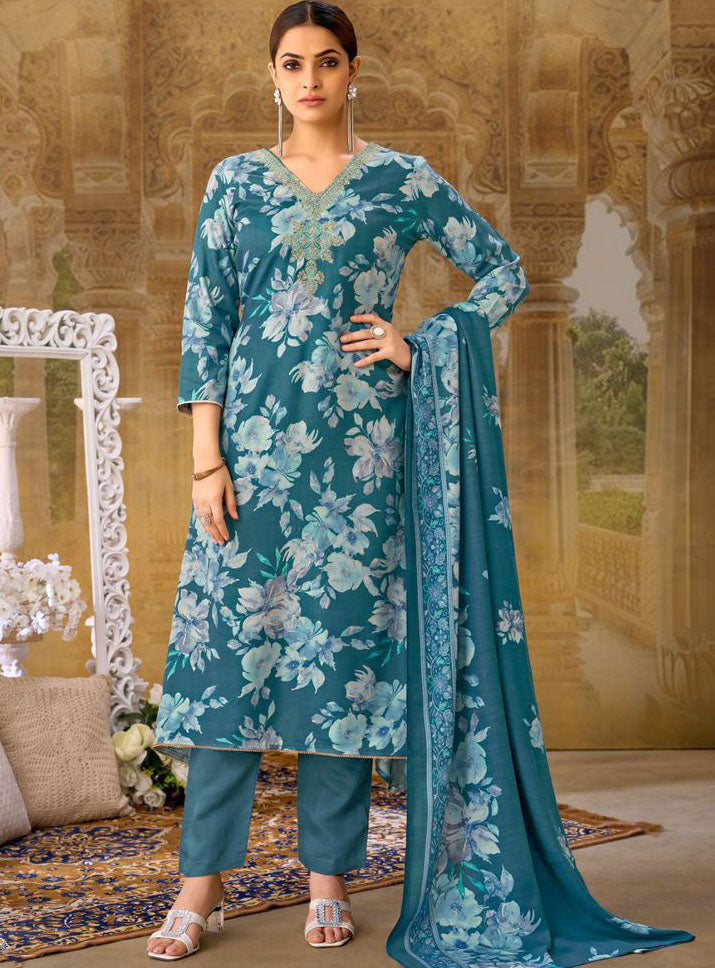 Blue Unstitched Pashmina Winter Suit Dress Material Printed with Embroidery