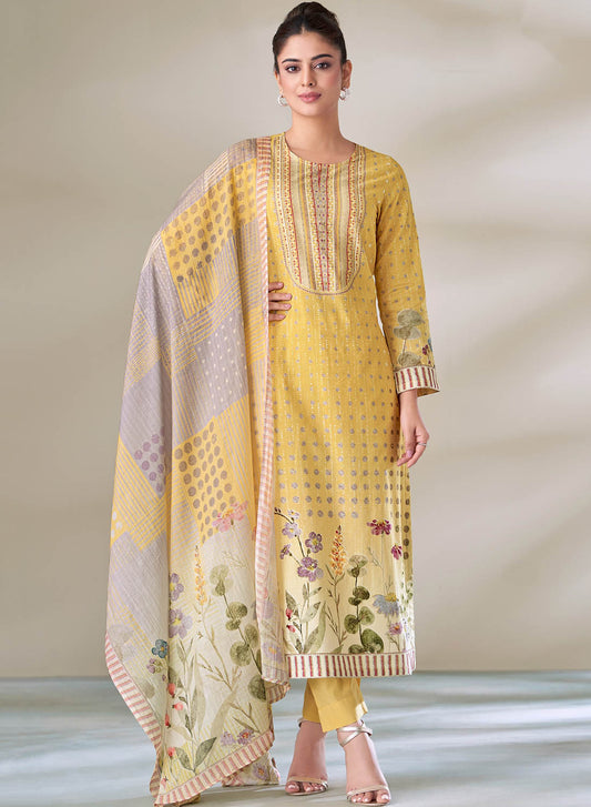 Pure Cotton Yellow Unstitched Salwar Suit Dress Material for Women