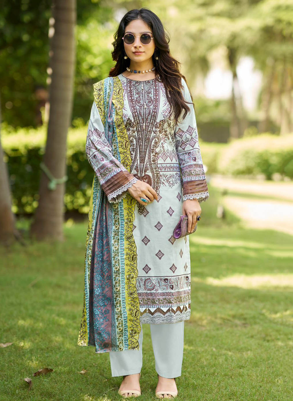 Pakistani Print Cotton Unstitched Suit Material with Neck Embroidery Patch