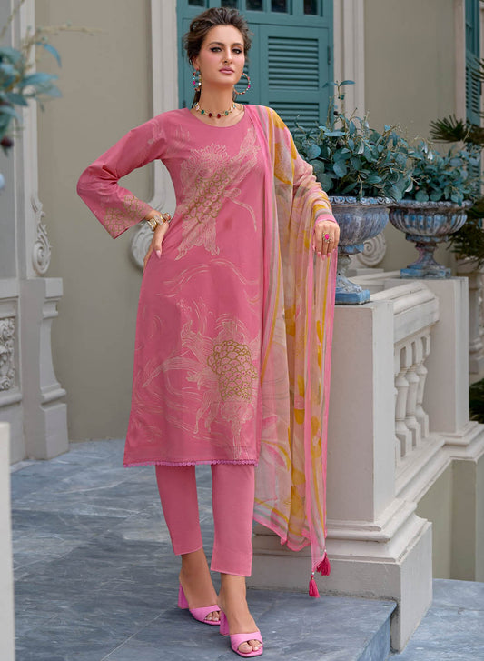 Pure Lawn Cotton Pink Unstitched Suit Dress Material with Chiffon Dupatta