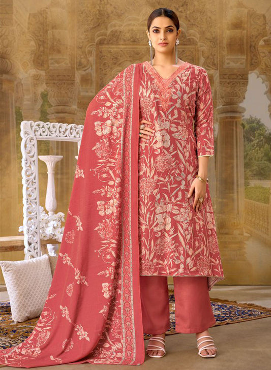 Unstitched Pashmina Winter Suit Dress Material Printed with Embroidery