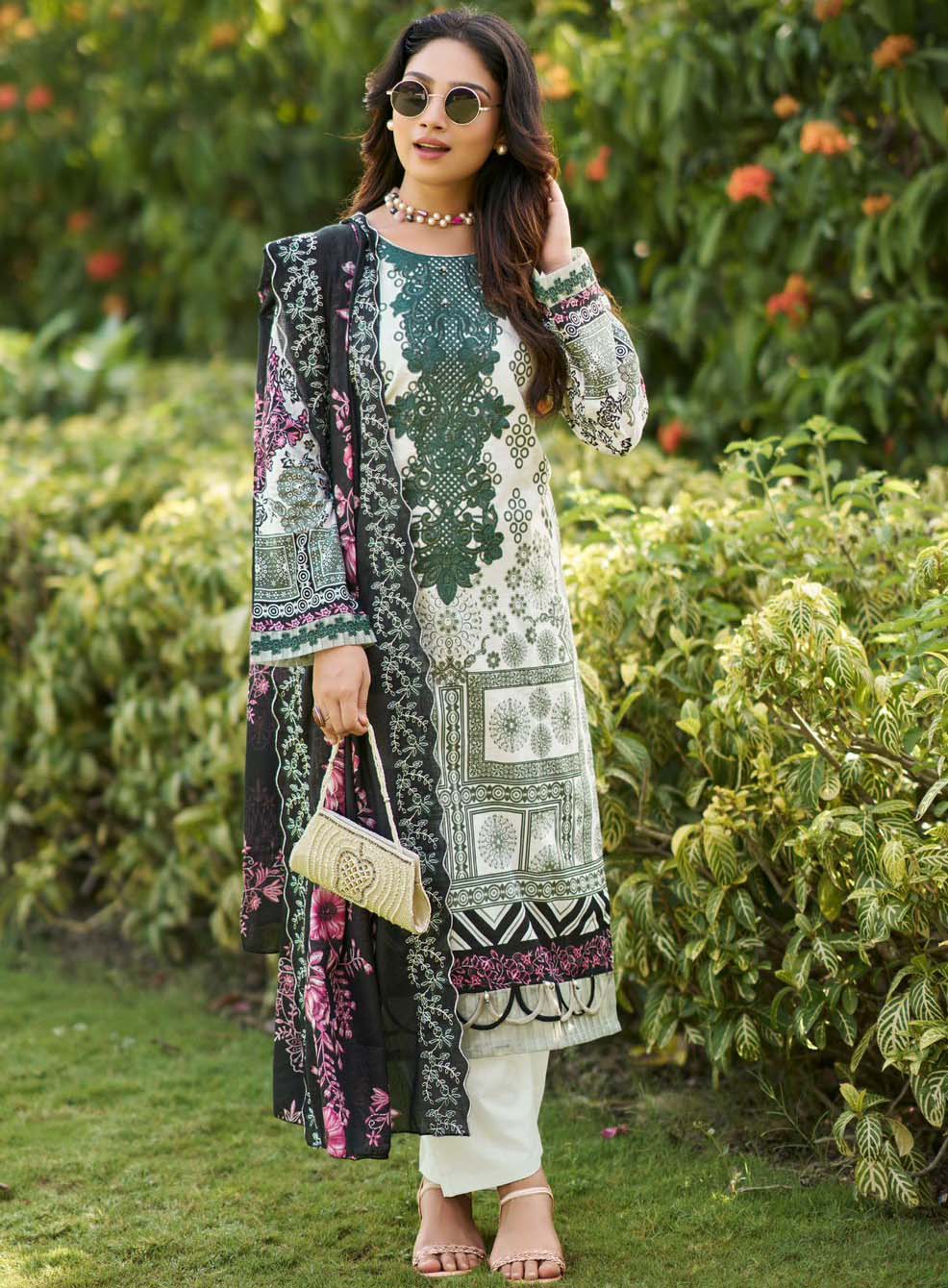 Pakistani Print Cotton Unstitched Suit Dress Material with Neck Embroidery