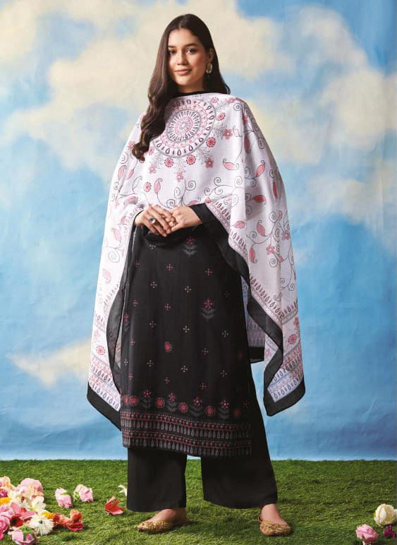 Saadgi Cambric Cotton Women Unstitched Black Suit Set Saadgi