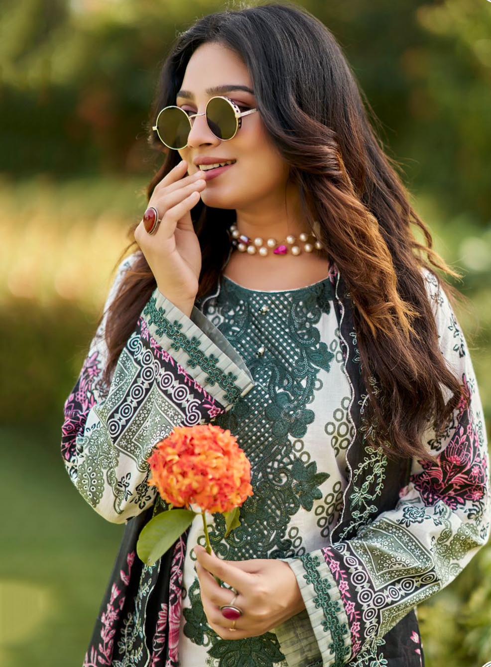 Pakistani Print Cotton Unstitched Suit Dress Material with Neck Embroidery