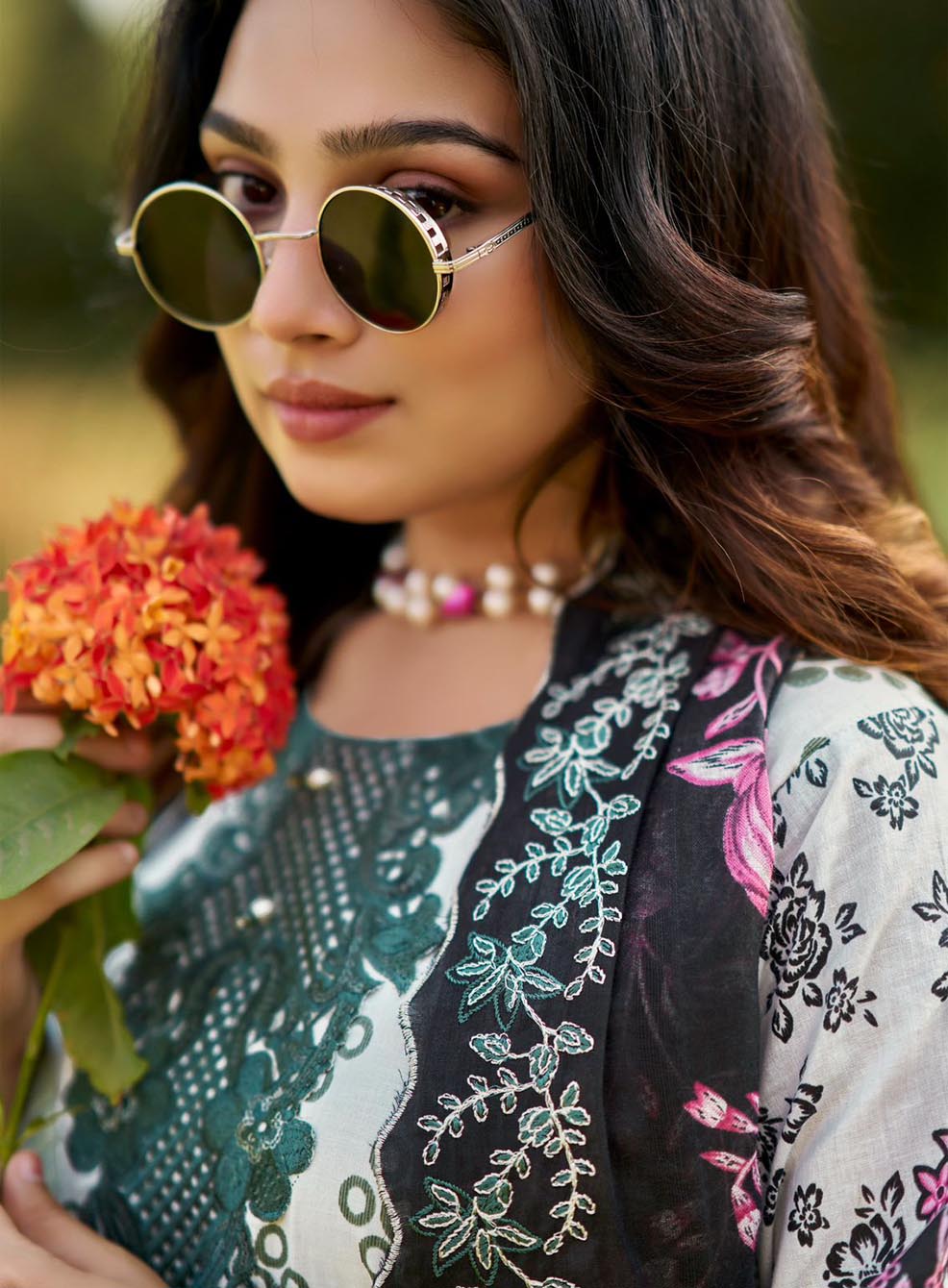 Pakistani Print Cotton Unstitched Suit Dress Material with Neck Embroidery
