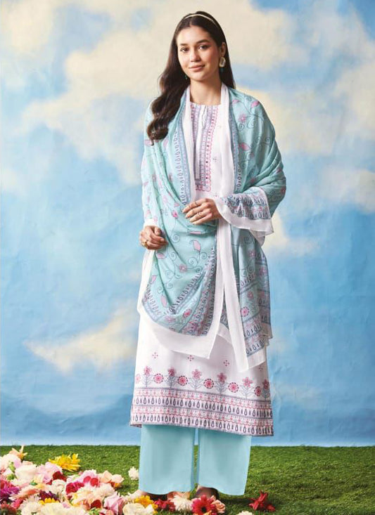 Saadgi Cambric Cotton Women Unstitched White Suit Set