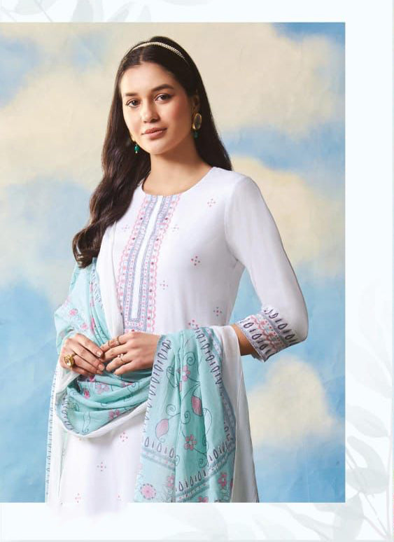 Saadgi Cambric Cotton Women Unstitched White Suit Set Saadgi