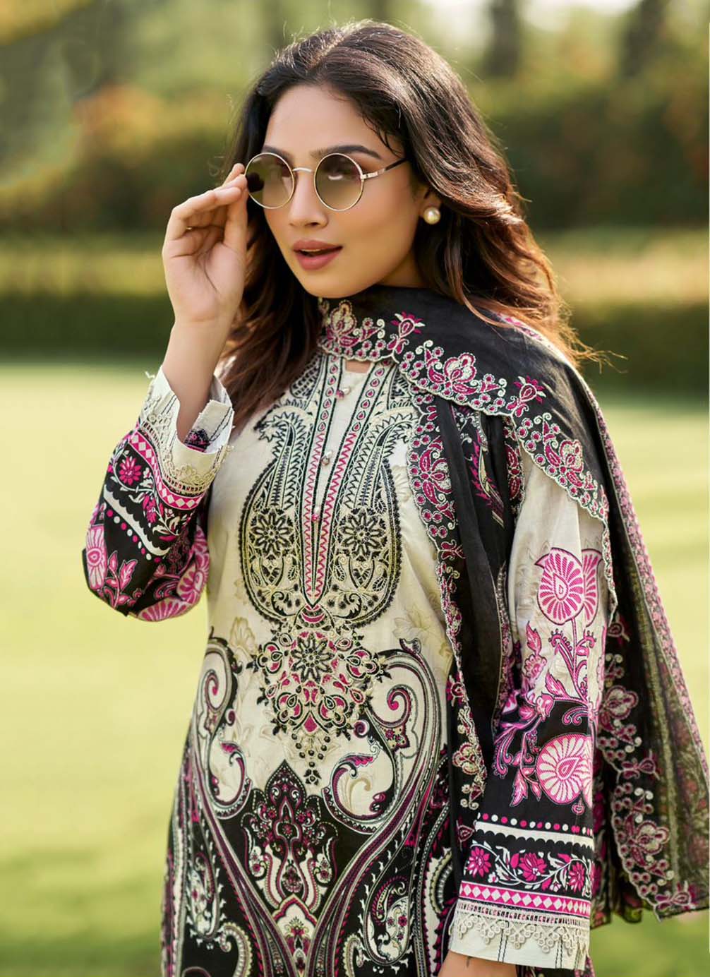 Pure Cotton Pakistani Print Unstitched Suit Material with Neck Embroidery