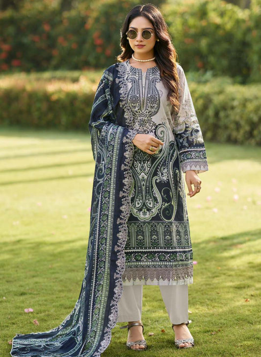 Pure Cotton Pakistani Print Unstitched Salwar Suit Material with Neck Embroidery