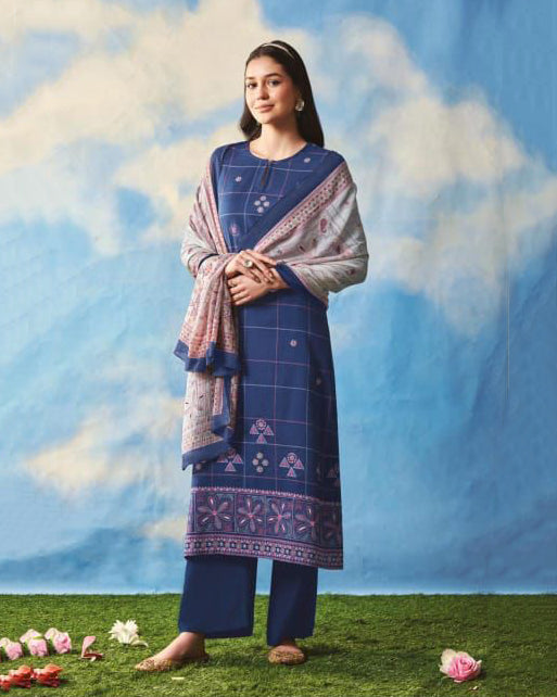 Saadgi Cambric Cotton Women Unstitched Blue Suit Set Saadgi