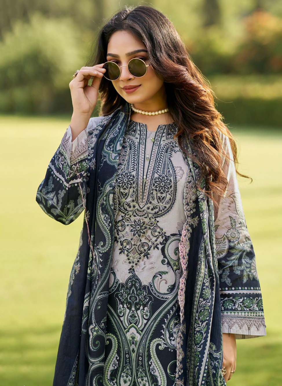 Pure Cotton Pakistani Print Unstitched Salwar Suit Material with Neck Embroidery