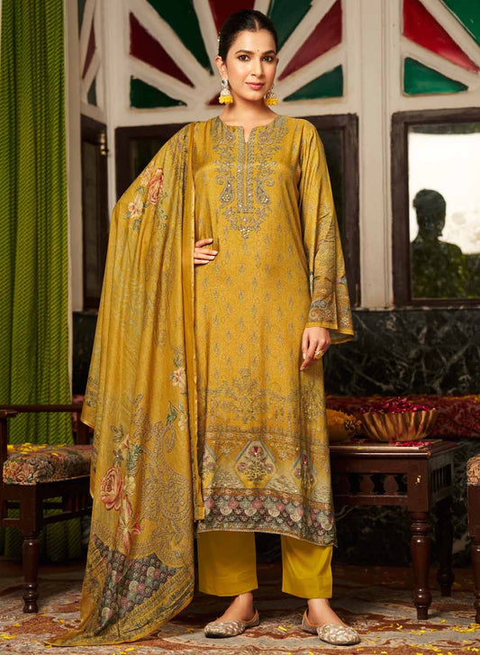 Party Wear Unstitched Pashmina Winter Suit Material Printed with Work