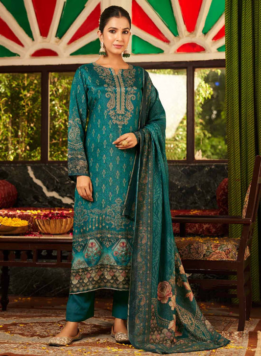 Party Wear Unstitched Pashmina Winter Suit Dress Material Print with Work